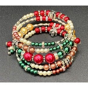 Faux Pearl & Gingerbread Man Multistrand Memory Wire Bracelet by Neanie-Bot